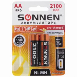 Батарейки аккумуляторные Ni-Mh пальчиковые КОМПЛЕКТ 2 шт., АА (HR6) 2100 mAh, SONNEN, 454234