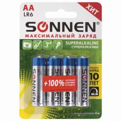 Батарейки КОМПЛЕКТ 4 шт., SONNEN Super Alkaline, АА (LR6,15А), алкалиновые, пальчиковые, блистер, 451094